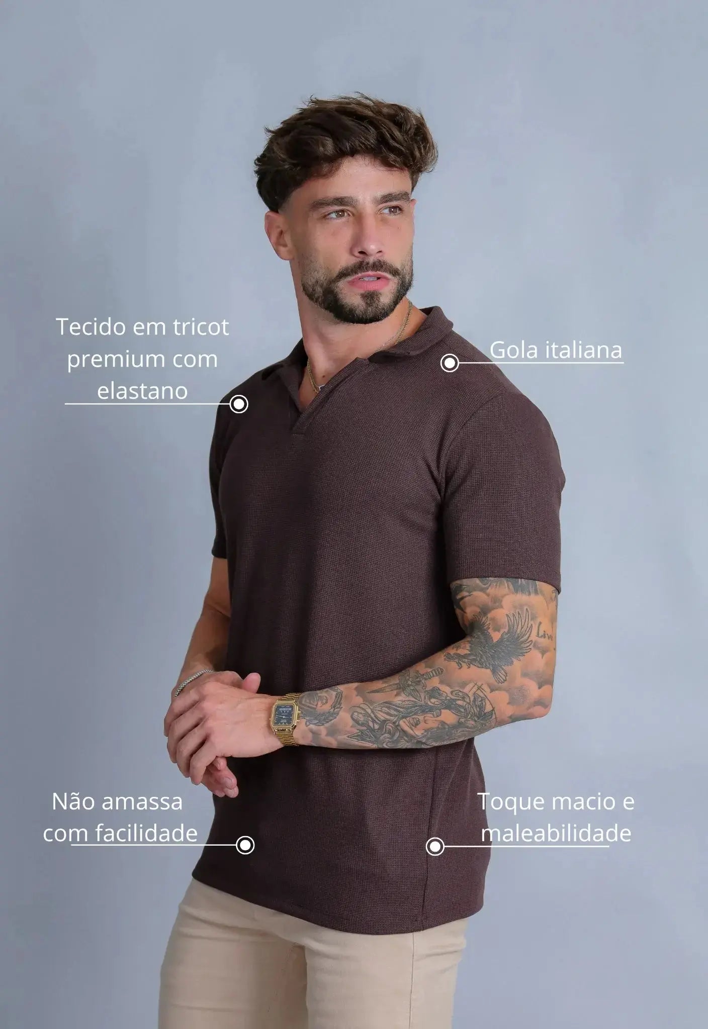 Camisa Polo Italiana Tricot Masculina Marrom Café – tricô premium com elastano | CW Store
