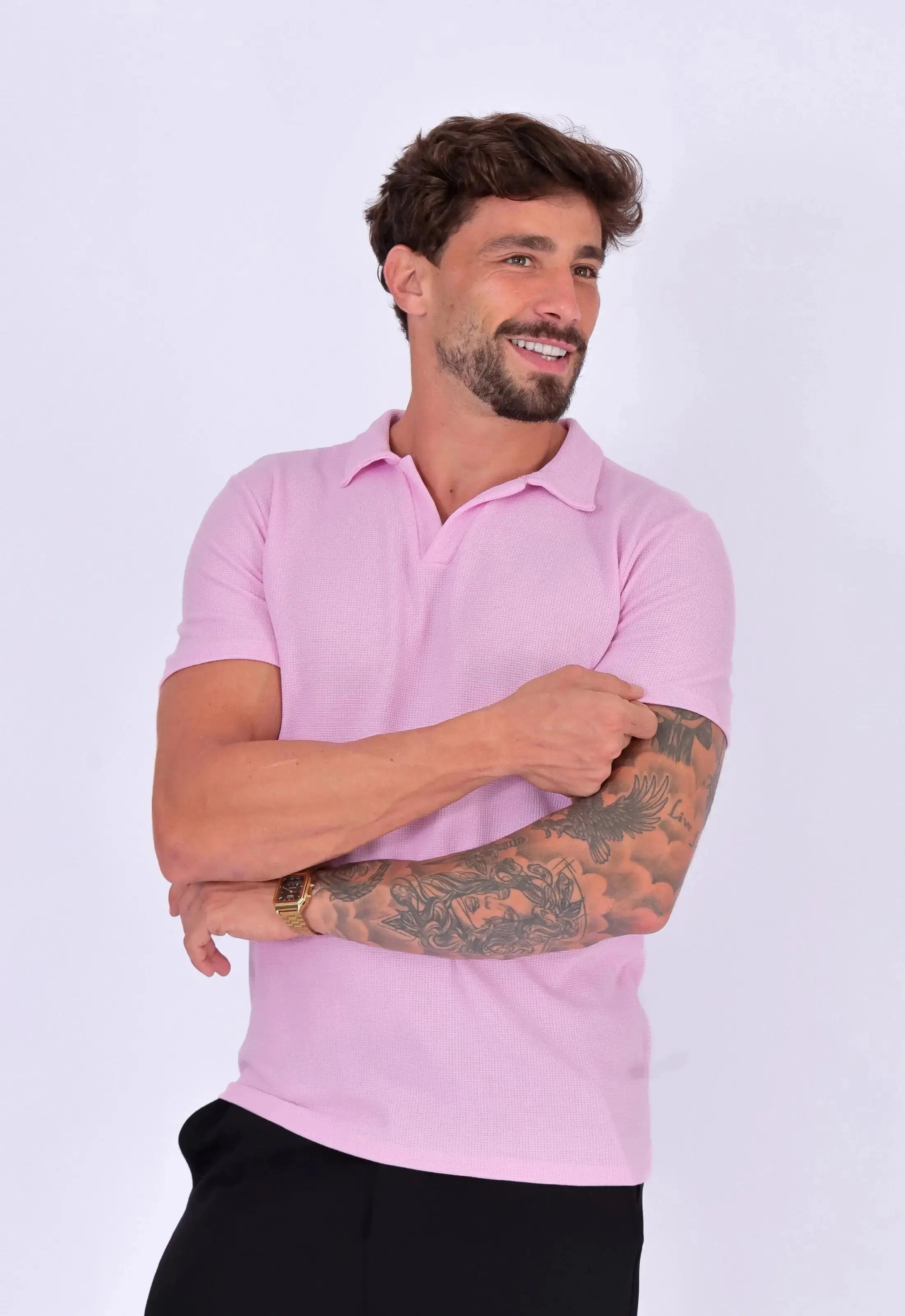 Camisa Polo Italiana Tricot Masculina Rosa Claro – toque macio e textura sofisticada | CW Store