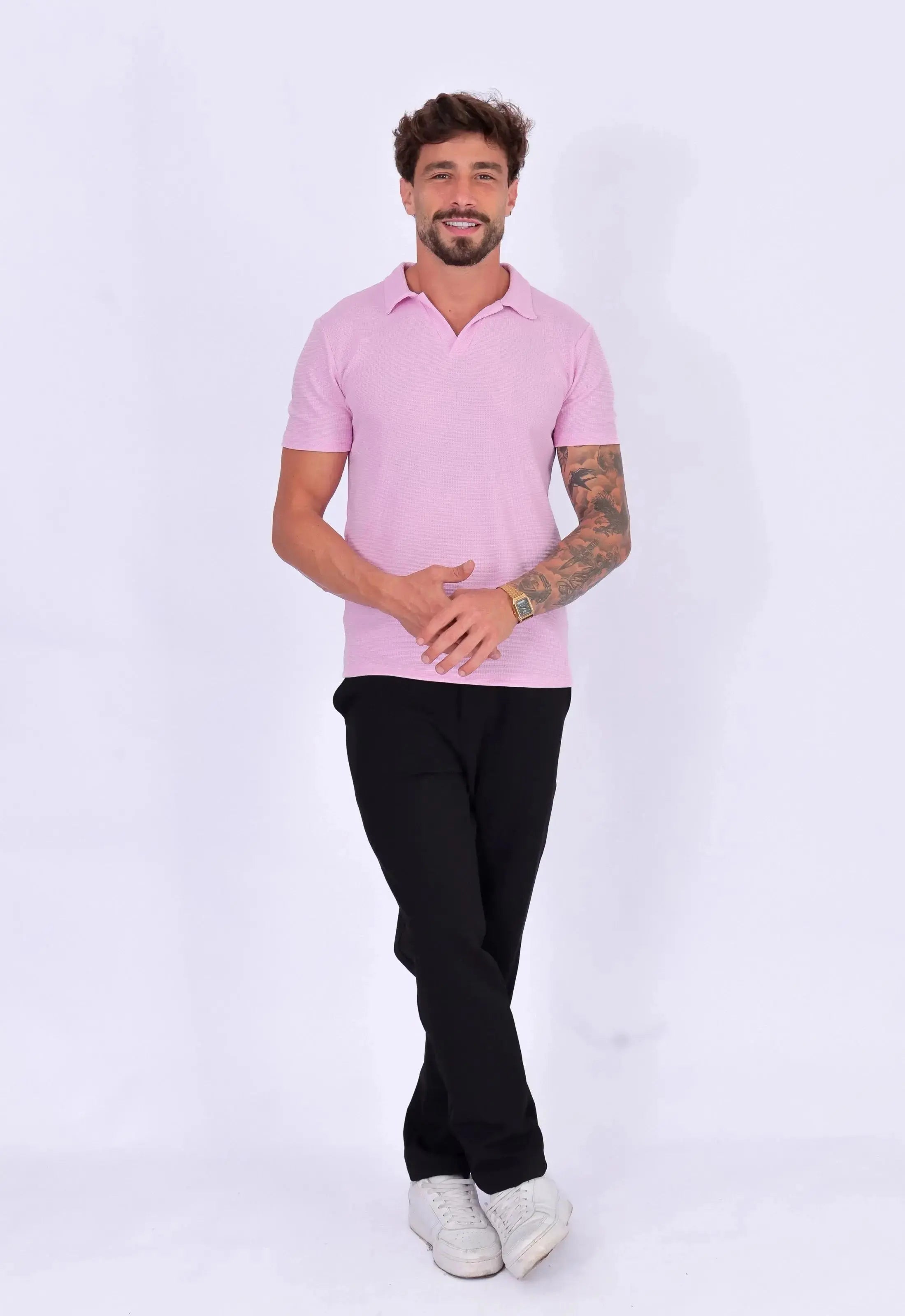 Camisa Polo Italiana Tricot Masculina Rosa Claro – design europeu que não amassa com facilidade | CW Store