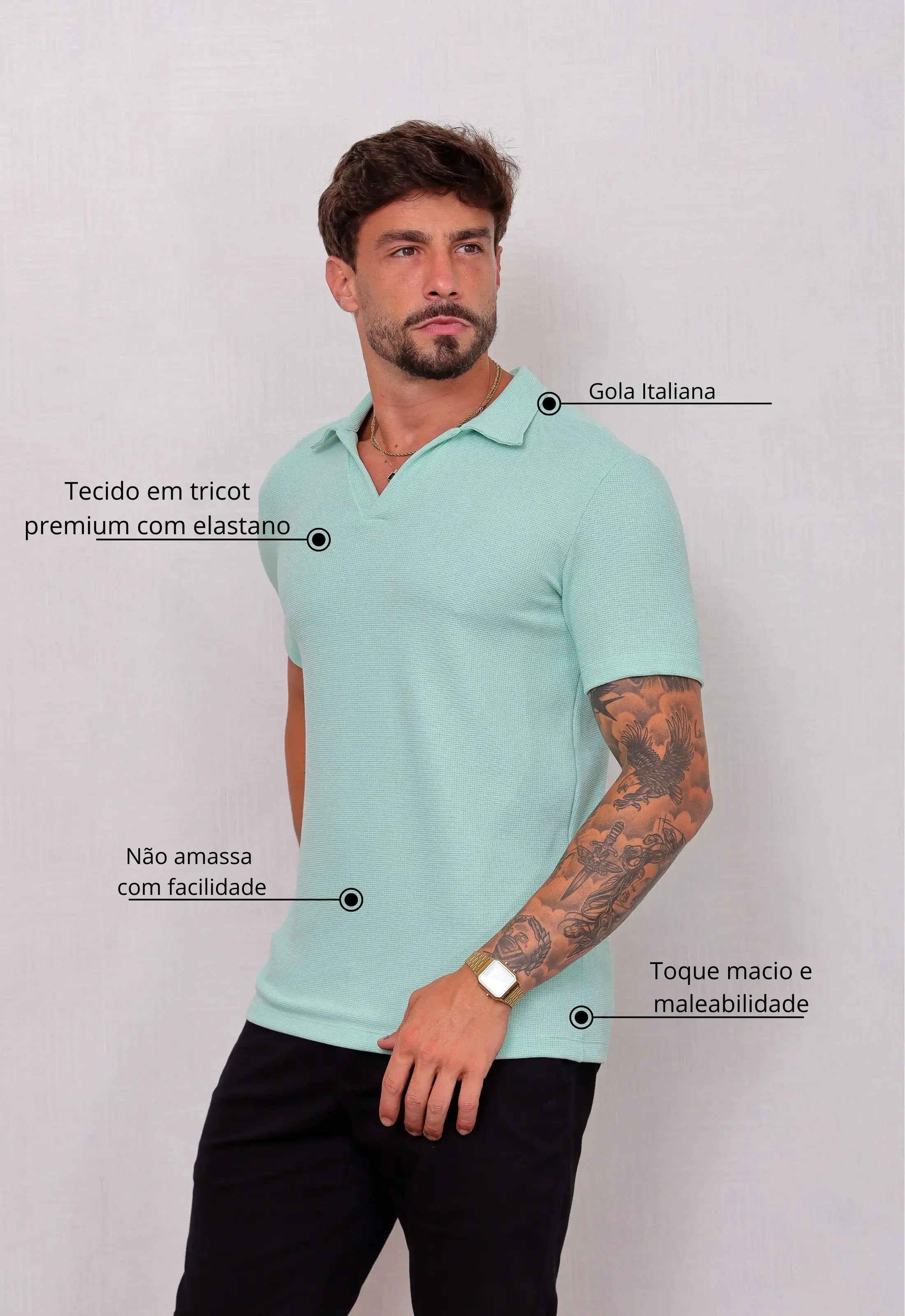 Camisa Polo Italiana Tricot Masculina Verde Claro – tricô premium com elastano | CW Store