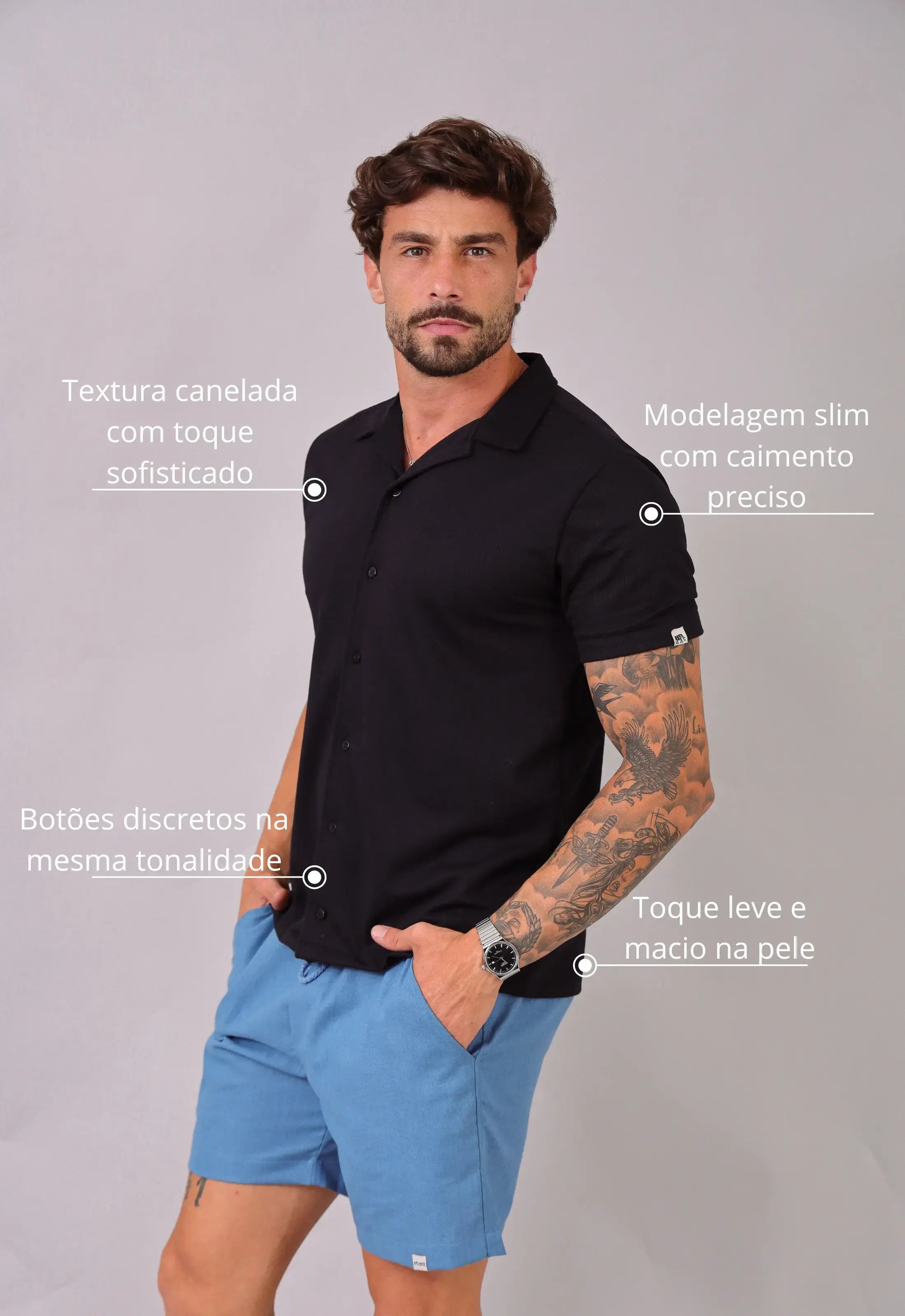 Camisa Masculina Slim Canelada Preta – modelagem slim que valoriza o corpo | CW Store
