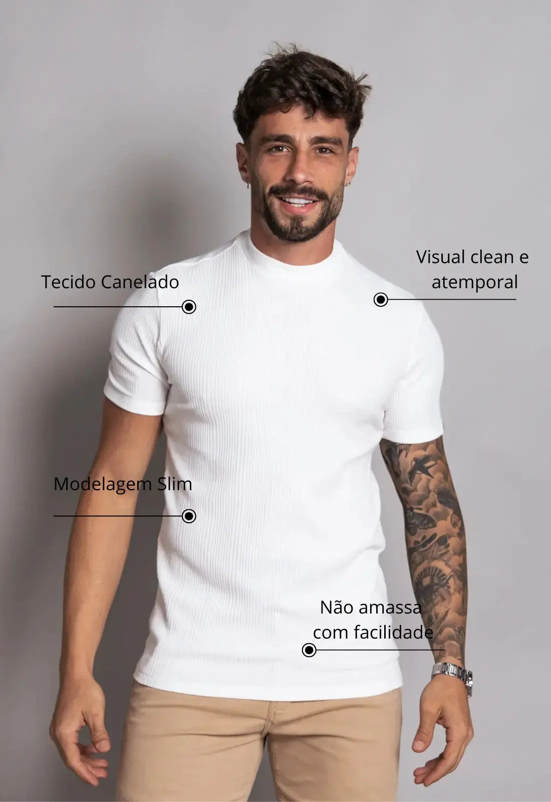 Camiseta Canelada Gola Média Masculina Branca – caimento slim que valoriza o corpo | CW Store