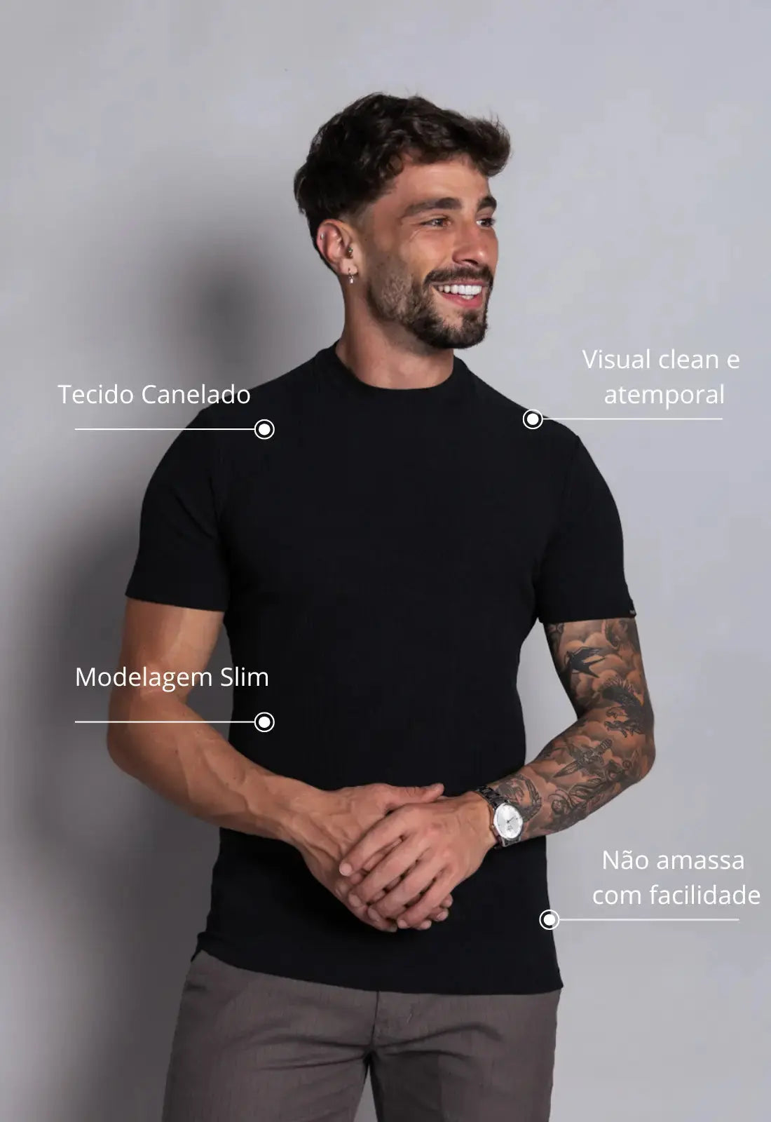 Camiseta Canelada Gola Média Masculina Preta – caimento slim que valoriza o corpo | CW Store