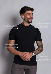 Camiseta Canelada Gola Média Masculina Preta – caimento slim que valoriza o corpo | CW Store