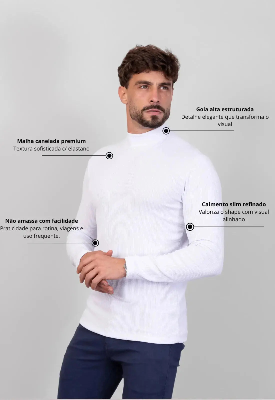Detalhes da camiseta gola alta branca masculina CW Store: malha canelada premium com elastano, gola estruturada, caimento slim que não amassa com facilidade