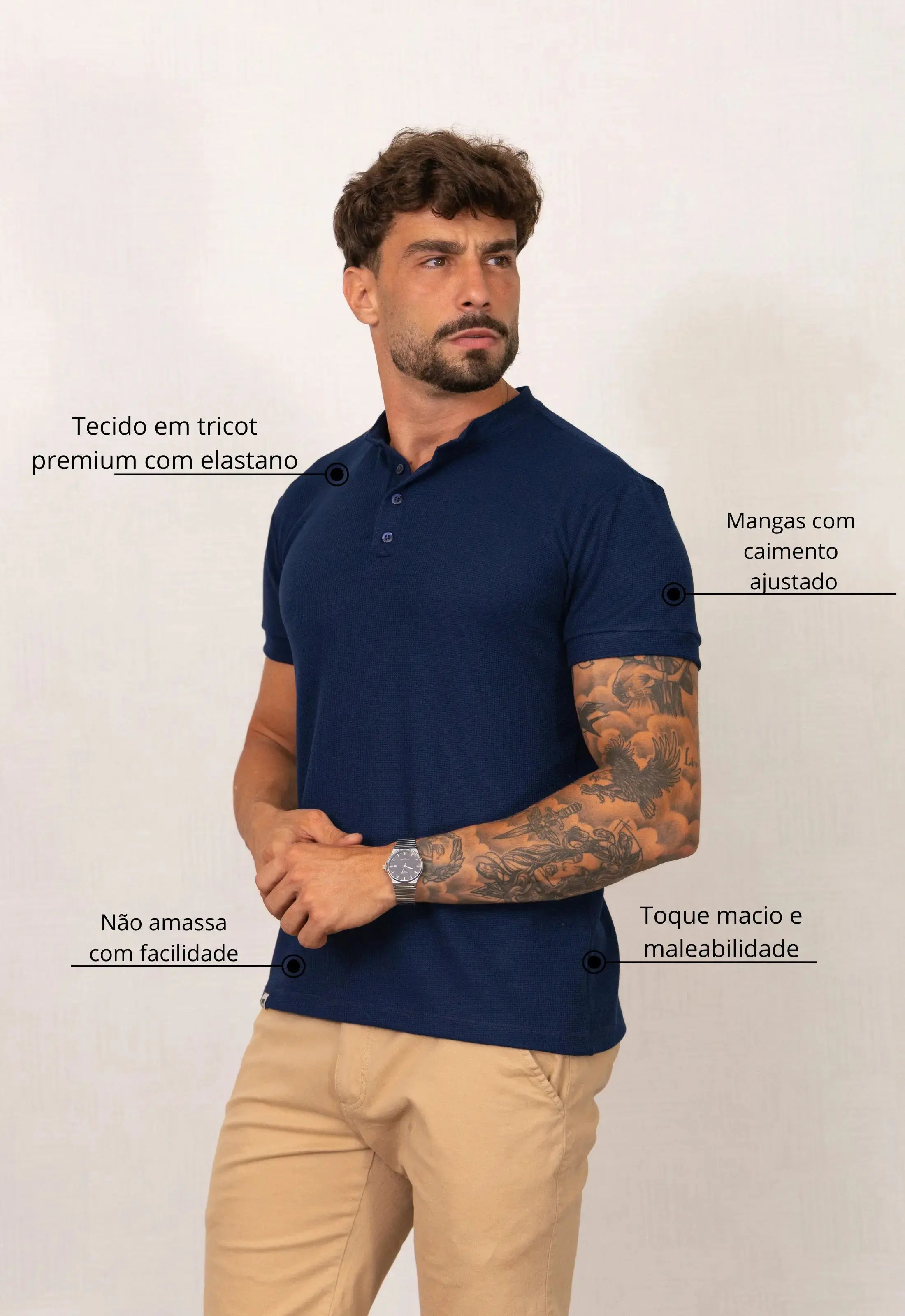Camiseta Henley Slim Tricot com Elastano Masculina Azul Marinho – tricô premium com elastano | CW Store