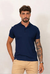 Camiseta Henley Slim Tricot com Elastano Masculina Azul Marinho | CW Store