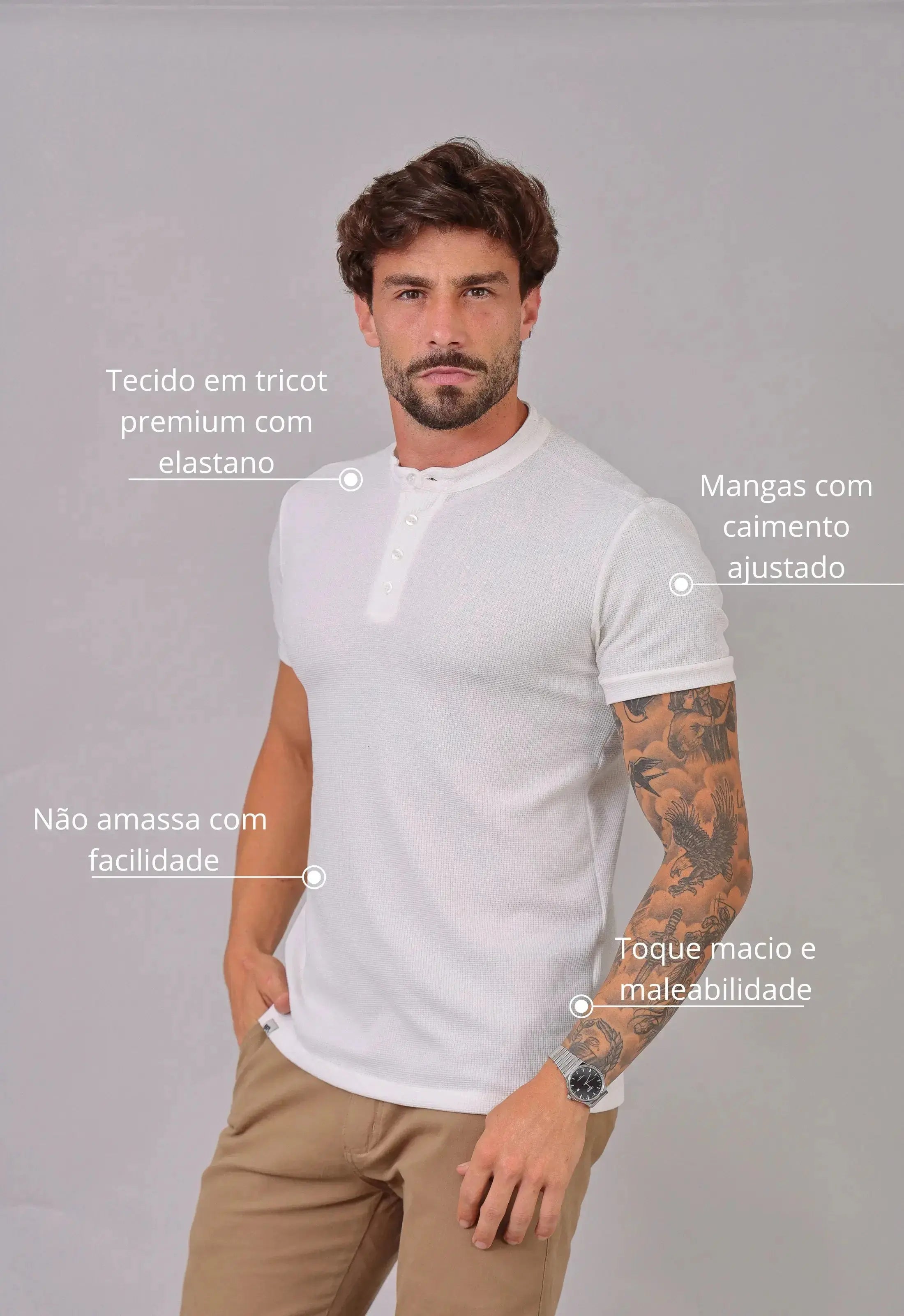 Camiseta Henley Slim Tricot com Elastano Masculina Branca – tricô premium com elastano | CW Store