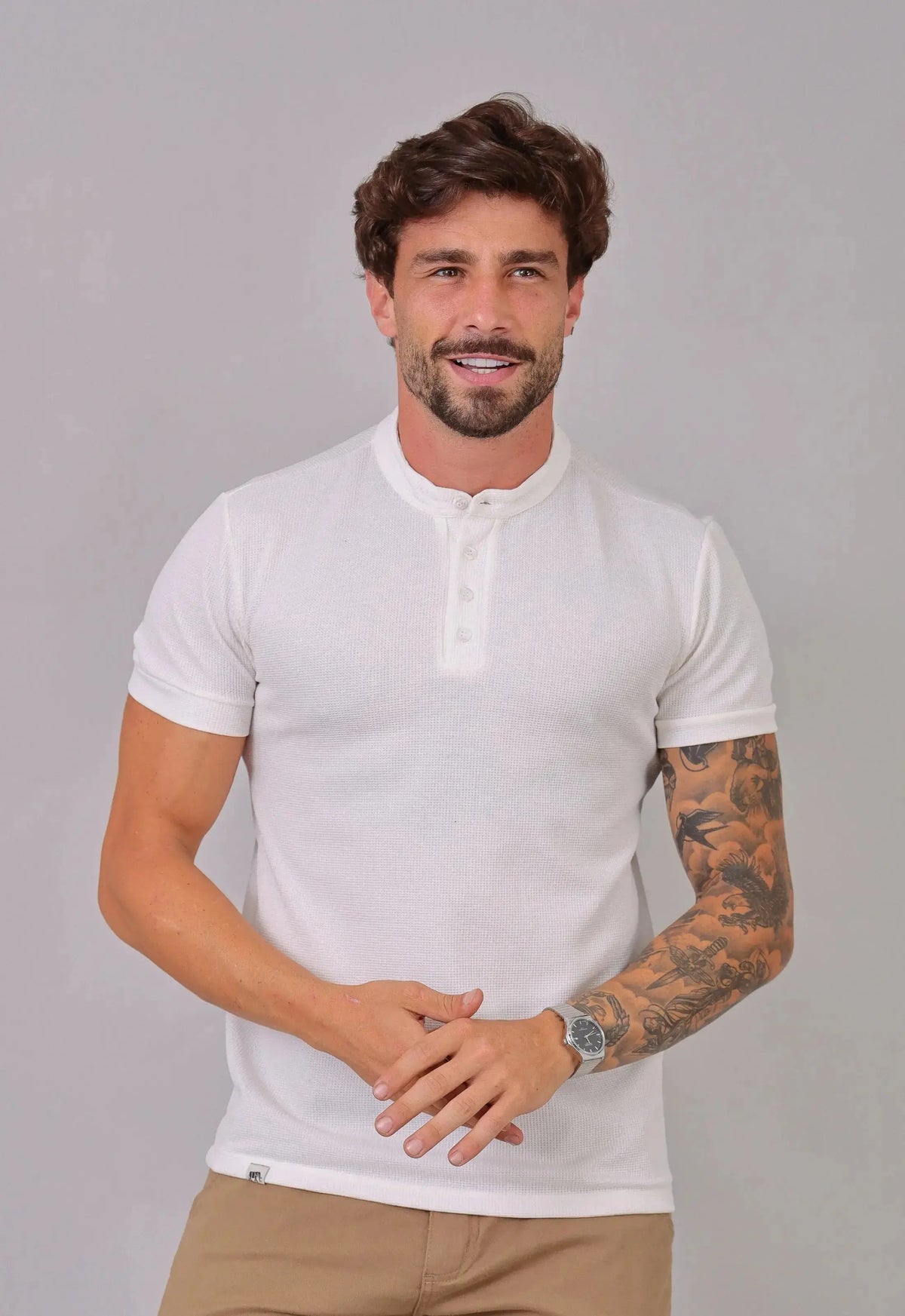 Camiseta Henley Slim Tricot com Elastano Masculina Branca | CW Store