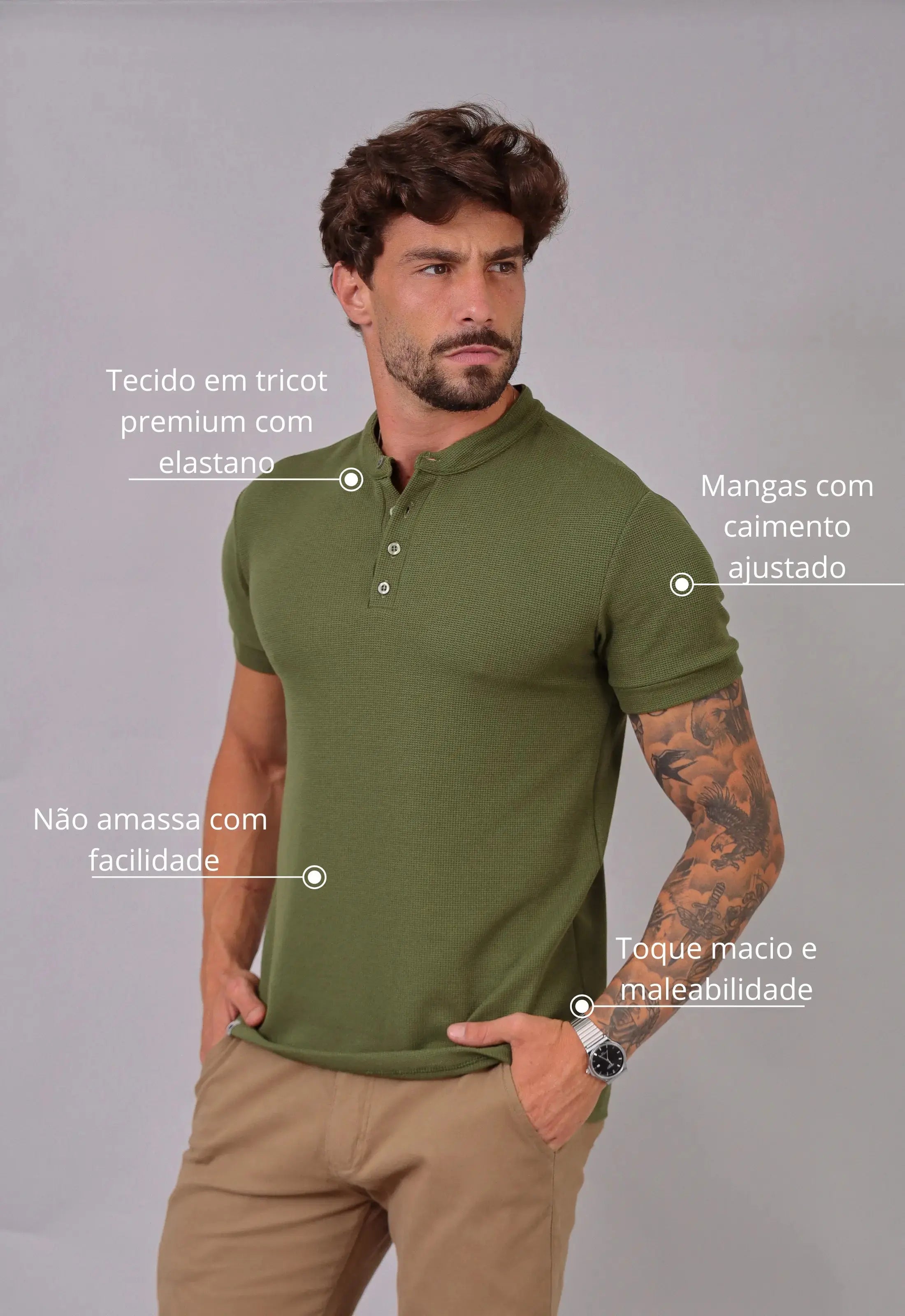 Camiseta Henley Slim Tricot com Elastano Masculina Verde – tricô premium com elastano | CW Store