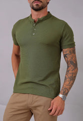 Camiseta Henley Slim Tricot com Elastano Masculina Verde – abertura frontal em botões | CW Store