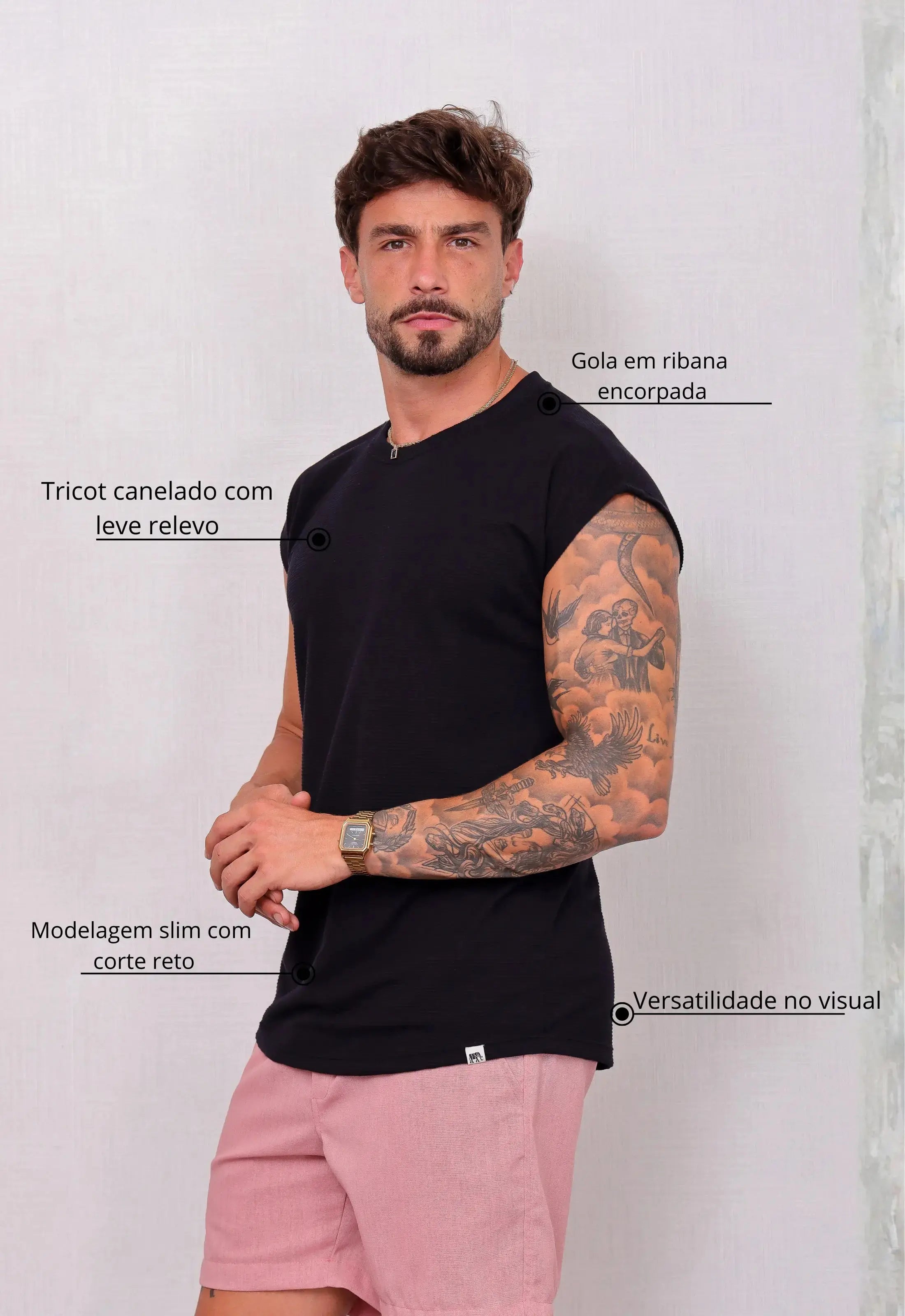 Camiseta Regata Tricot Masculina Preta – malha leve e confortável | CW Store