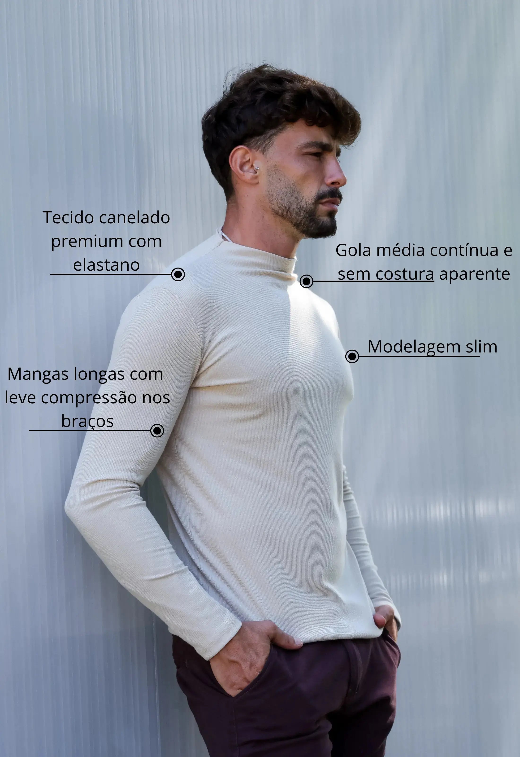 Camiseta Slim Manga Longa Gola Média Masculina Bege – caimento slim que valoriza o corpo | CW Store