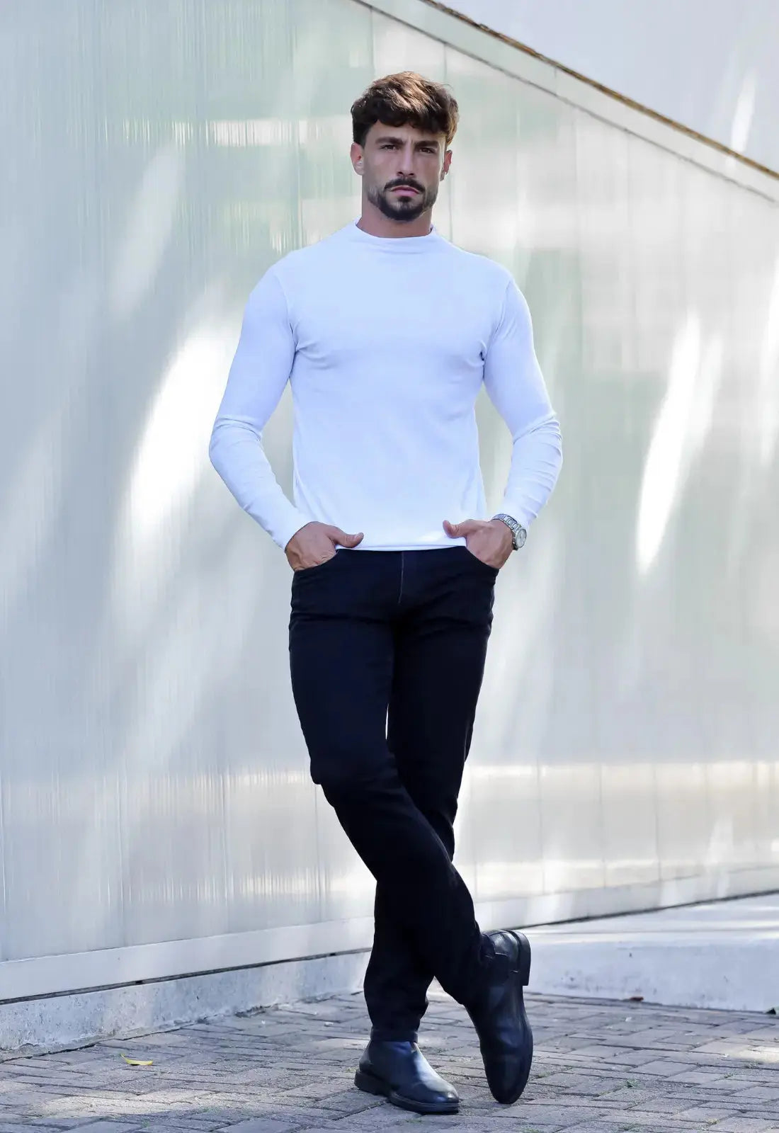 Camiseta Slim Manga Longa Gola Média Masculina Branca – textura diferenciada | CW Store