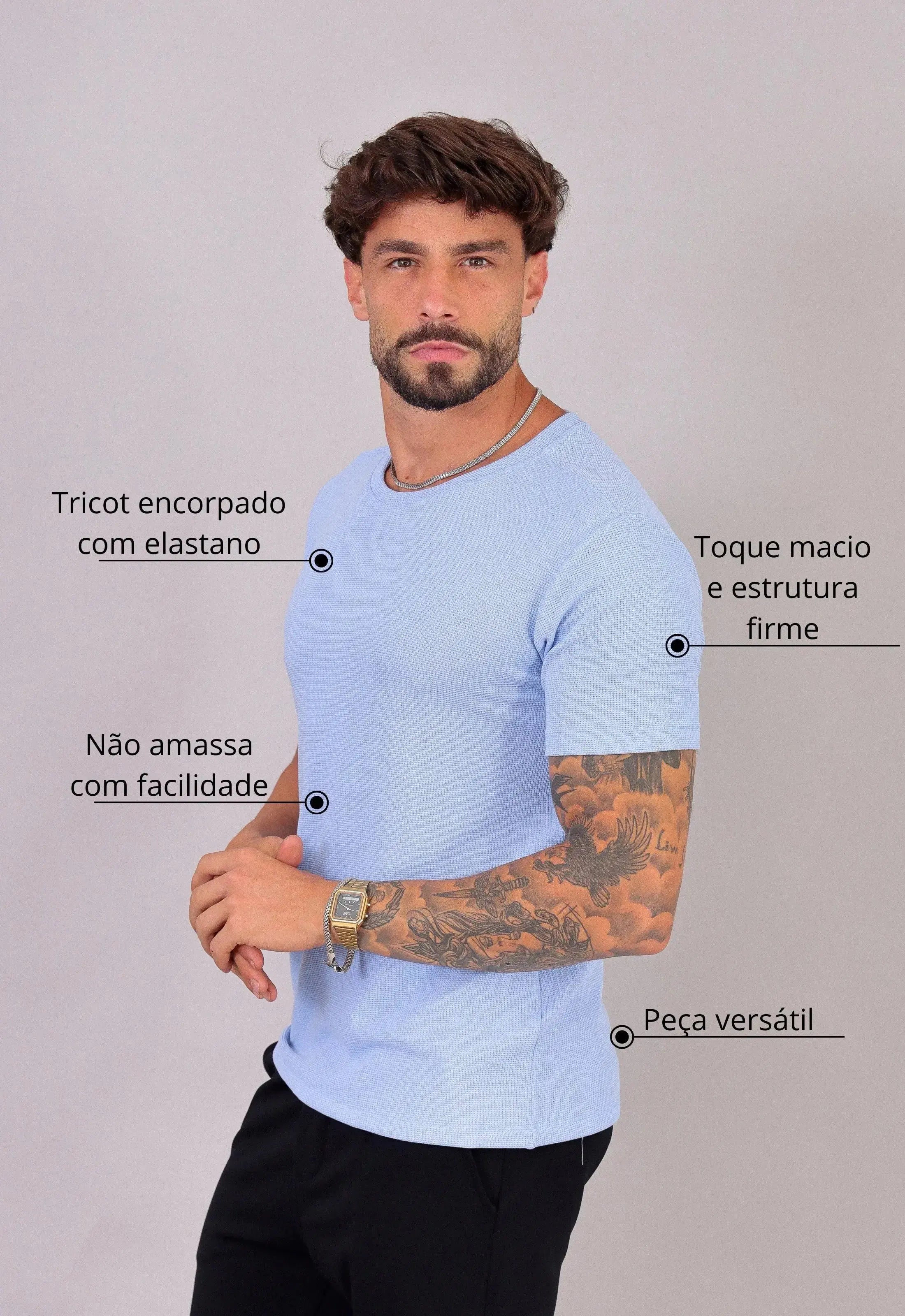 Camiseta Masculina Tricot Azul Claro – tricô premium com elastano | CW Store