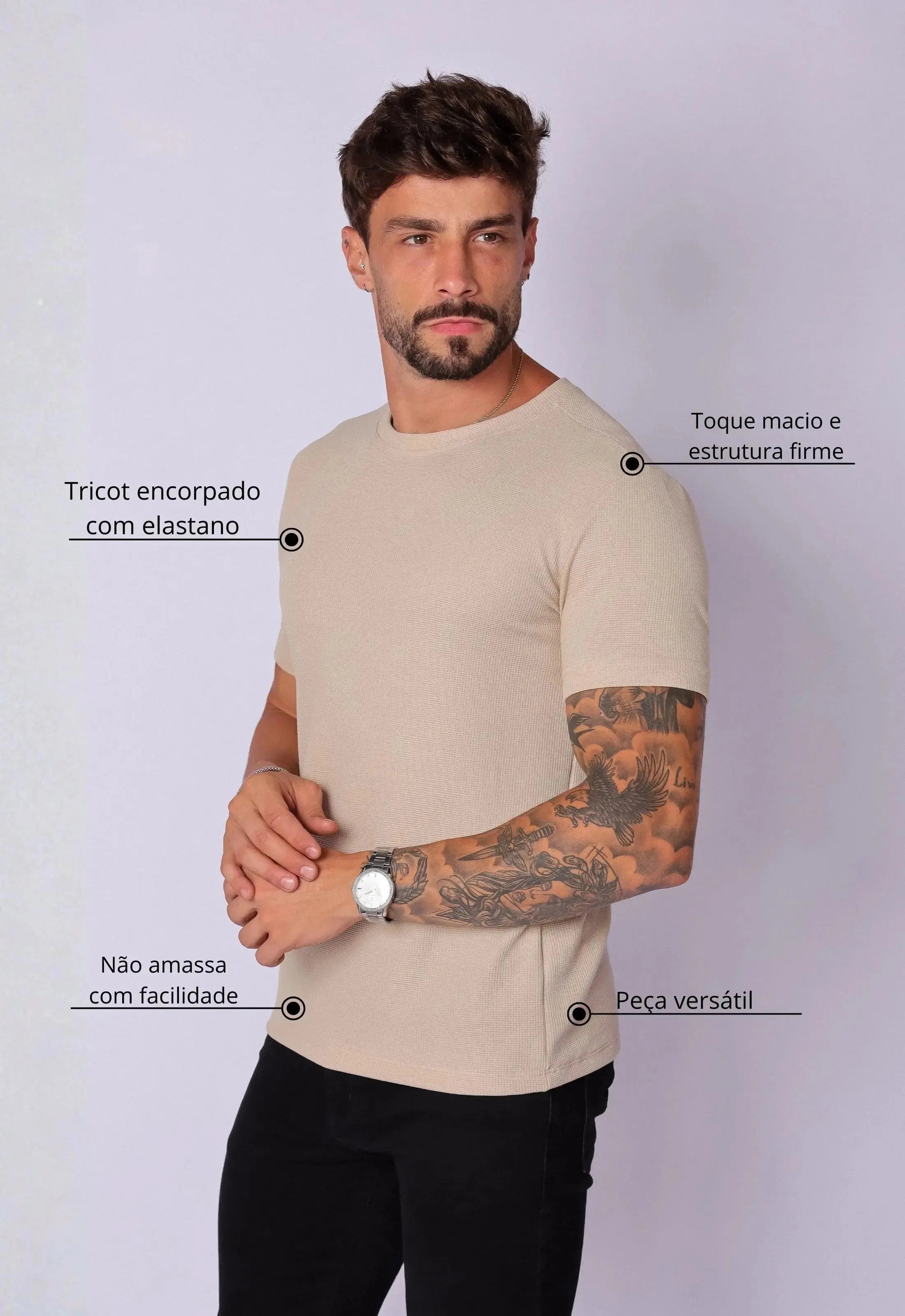 Camiseta Masculina Tricot Bege – tricô premium com elastano | CW Store