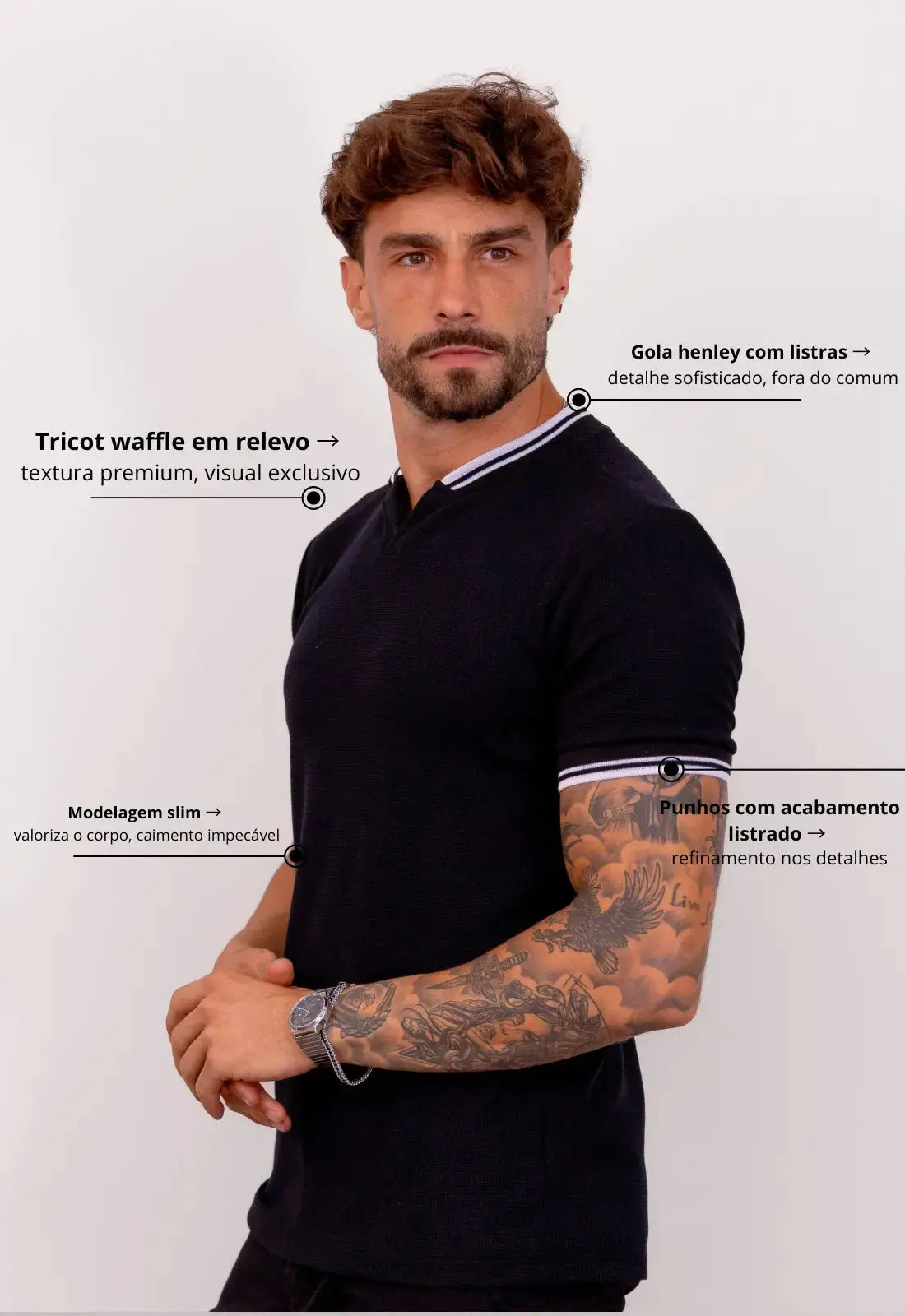 Camiseta Tricot Italiana Masculina Preta – tricô premium com elastano | CW Store