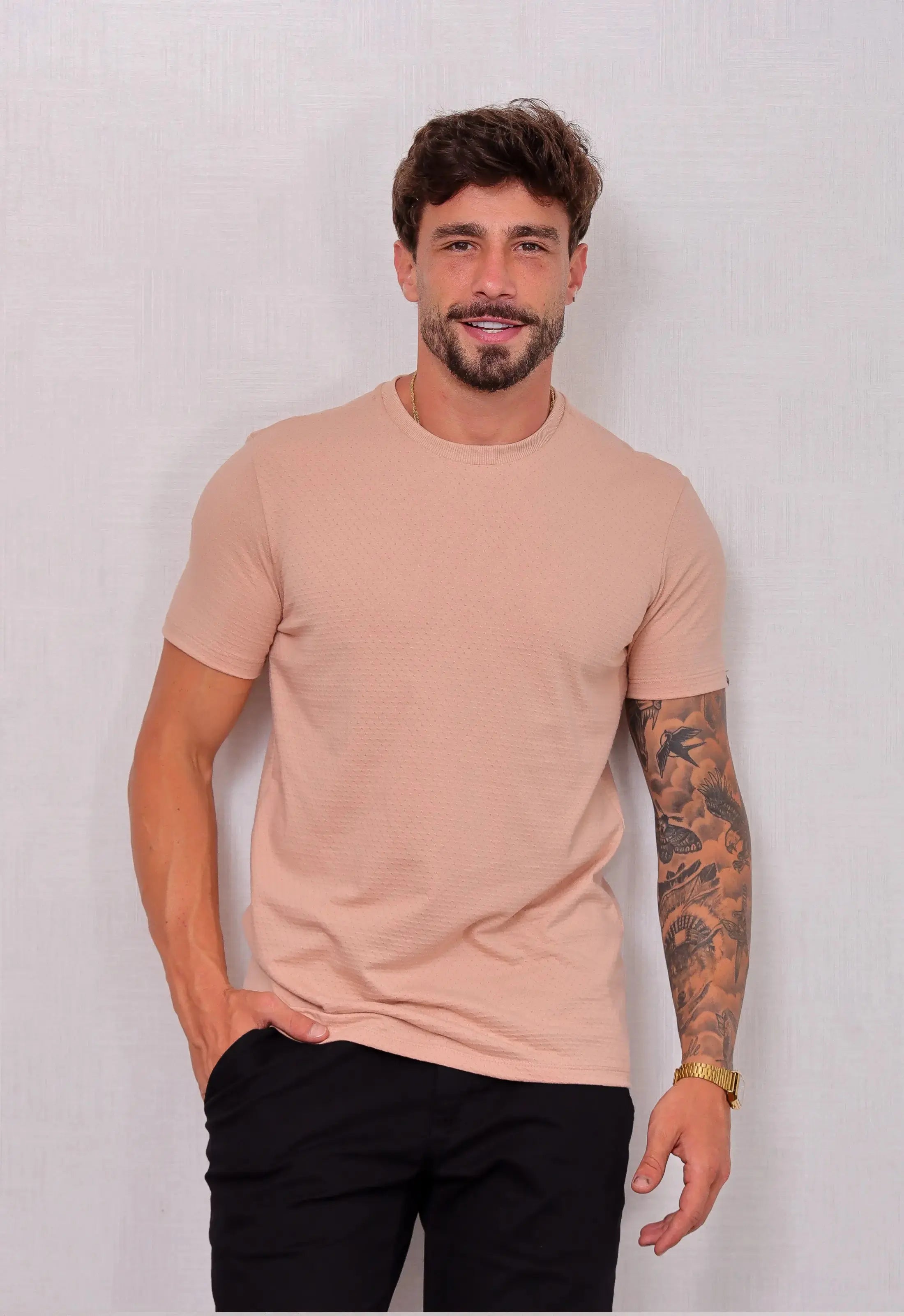Camiseta Masculina Tricot Ponto Fino Bege | CW Store