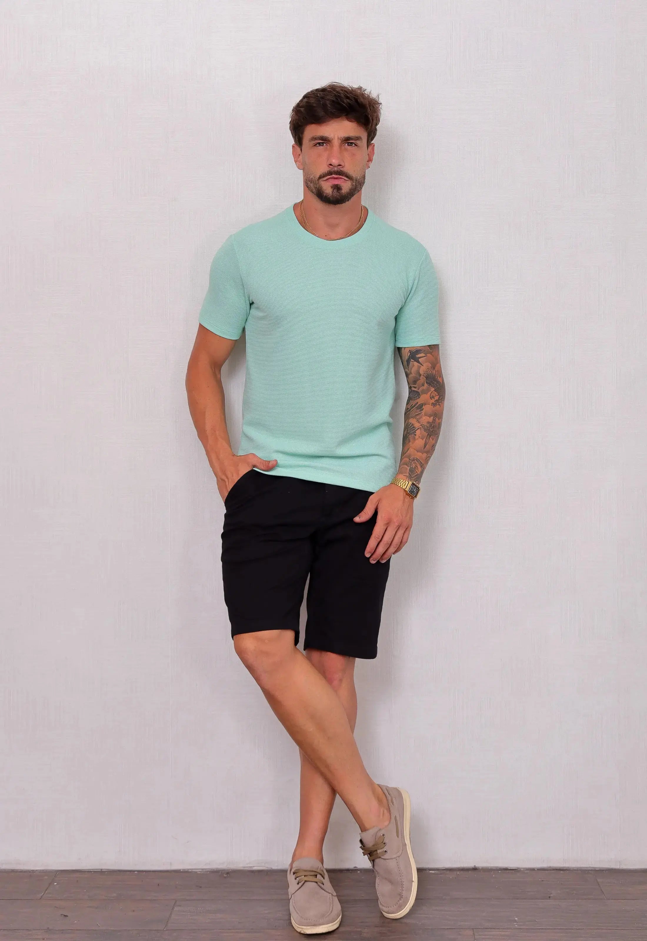 Camiseta Masculina Tricot Verde Claro – textura sofisticada que não amassa | CW Store
