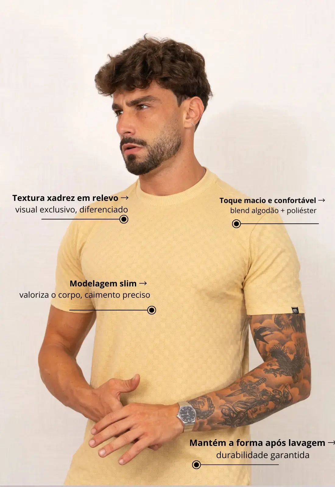 Camiseta Masculina Tricot Xadrez Bege – tricô premium com elastano | CW Store