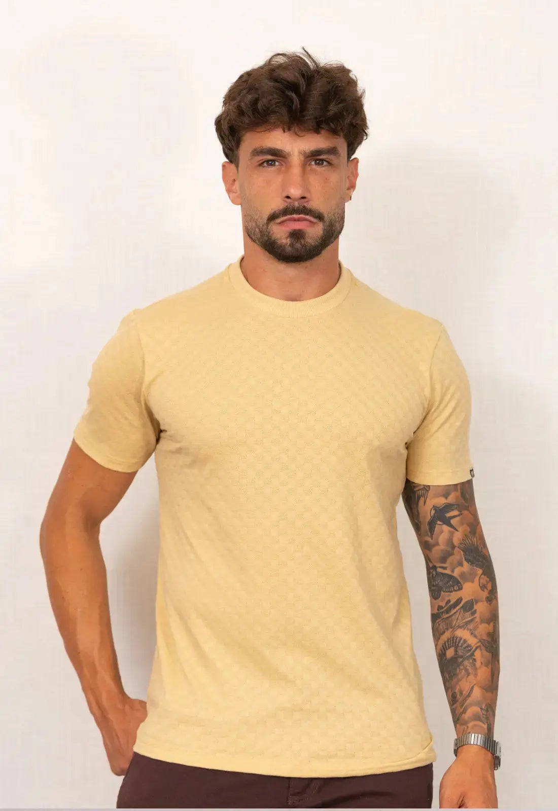 Camiseta Masculina Tricot Xadrez Bege | CW Store