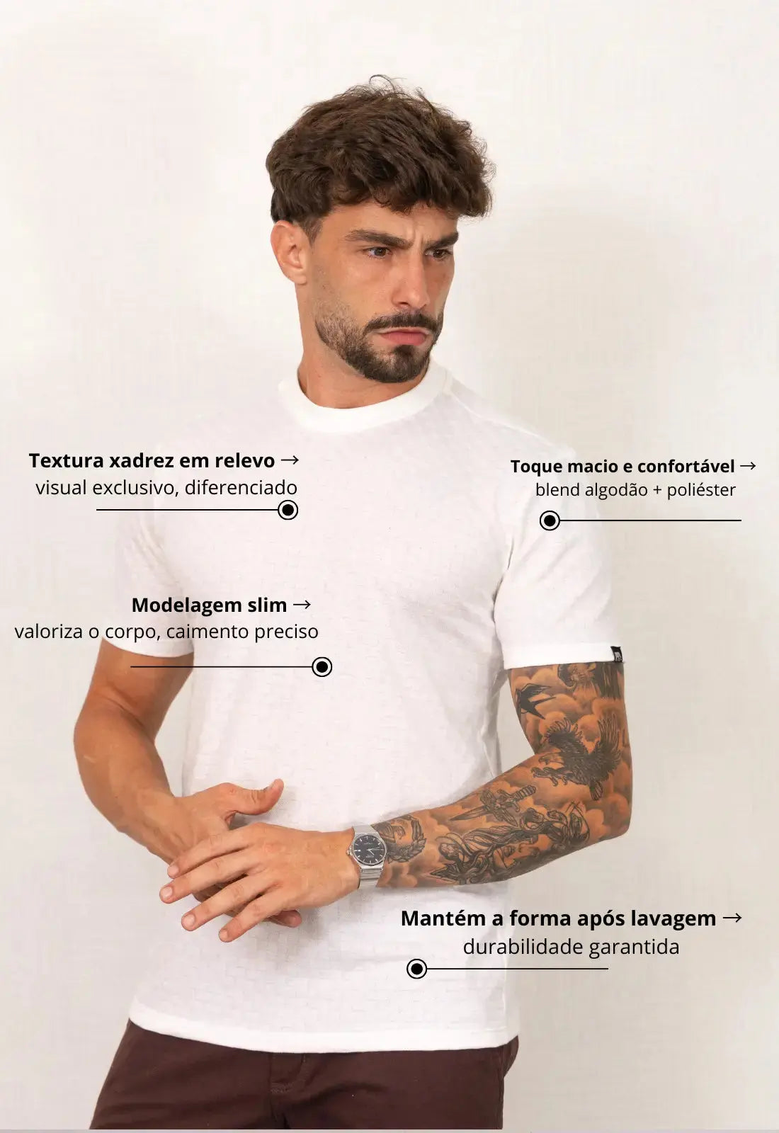 Camiseta Masculina Tricot Xadrez Branca – tricô premium com elastano | CW Store
