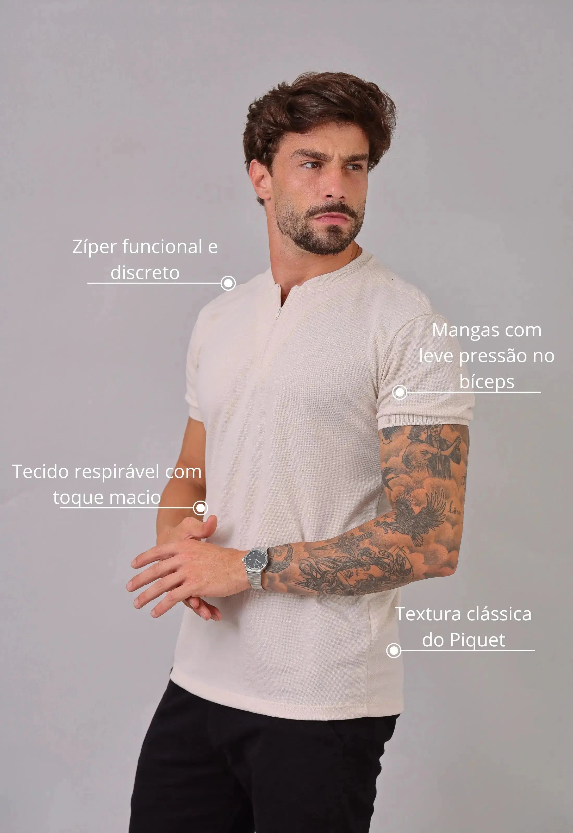 Camiseta com Zíper Masculina Bege – piquet premium com zíper no decote | CW Store