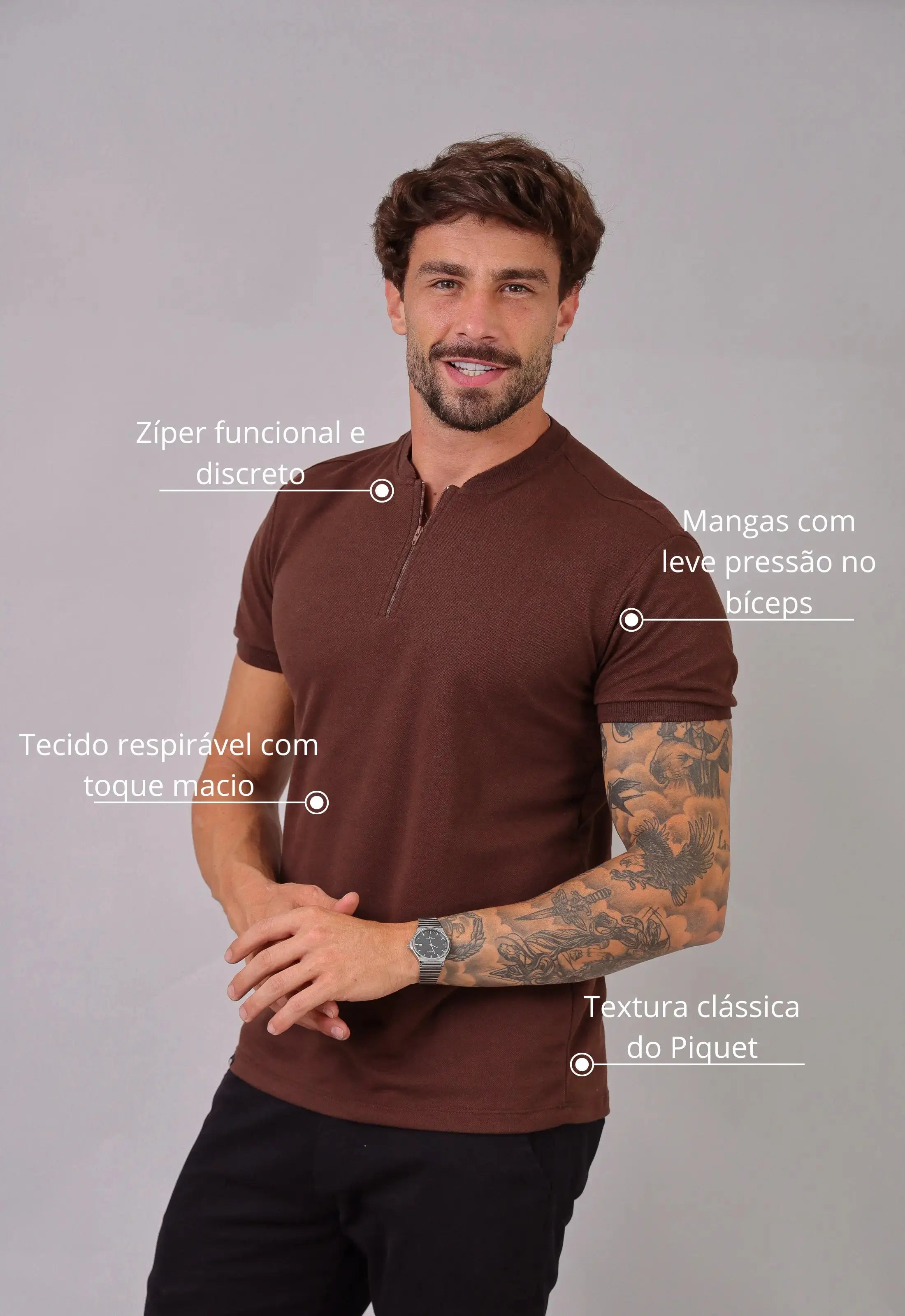 Camiseta com Zíper Masculina Marrom – piquet premium com zíper no decote | CW Store