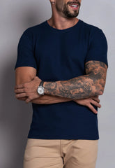 Camiseta Masculina Tricot Azul Marinho – textura sofisticada que não amassa | CW Store