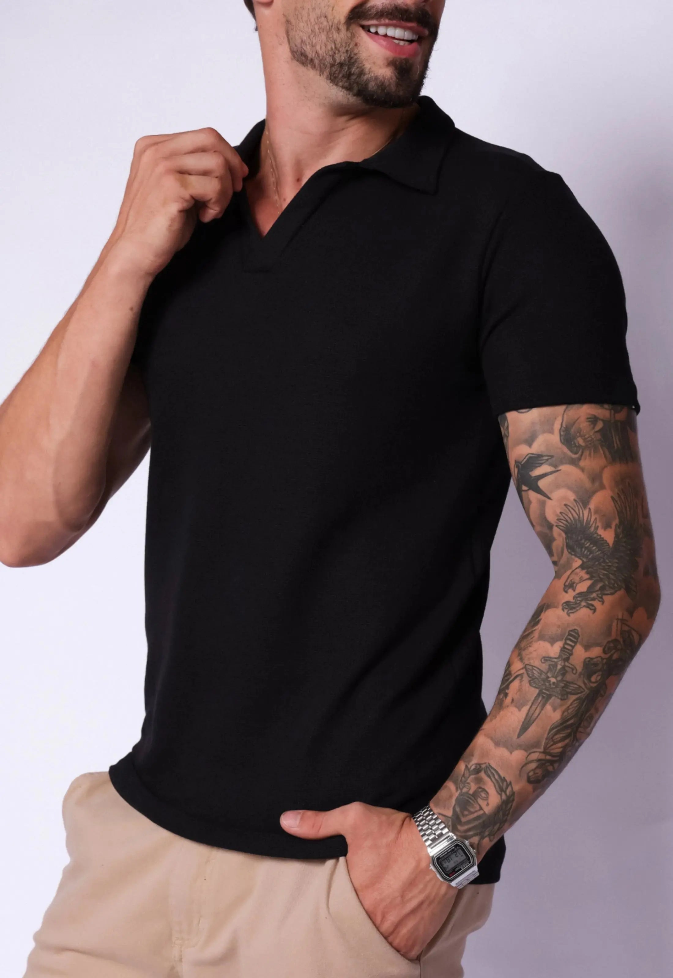 Camisa Polo Italiana Tricot Preta CW STORE